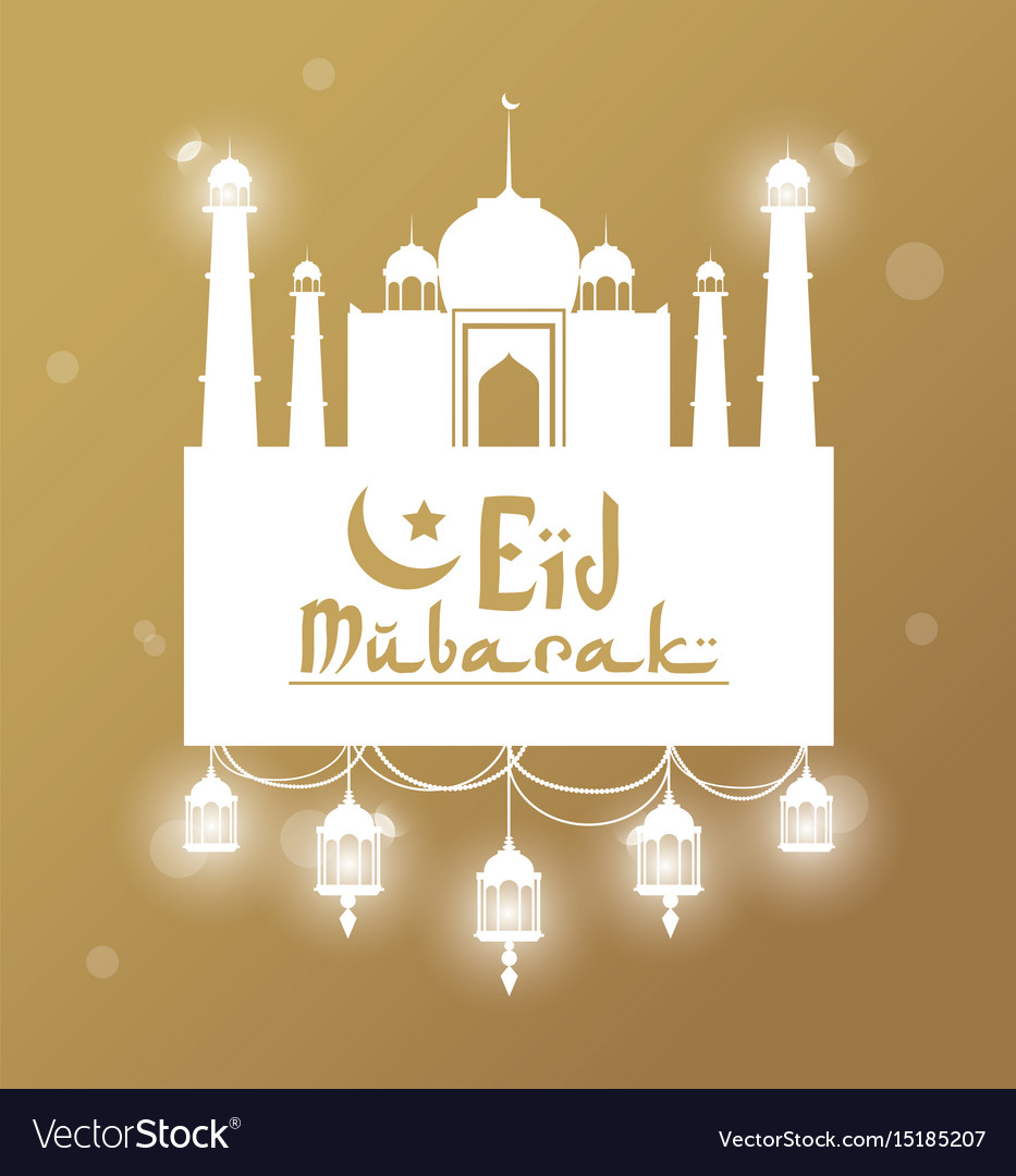 Eid mubarak greeting with mosque and hand drawn Vector Image