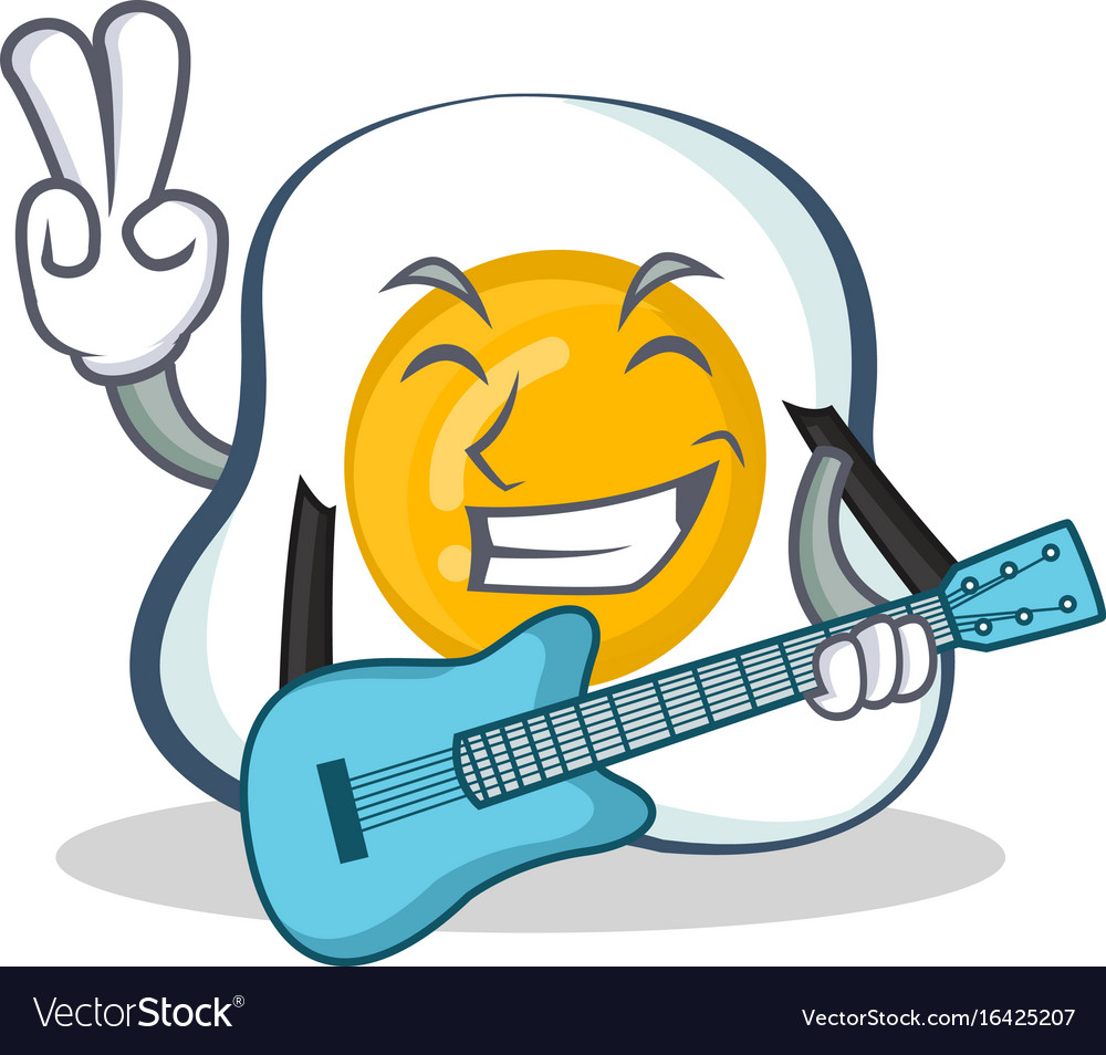 Fried egg character cartoon with guitar