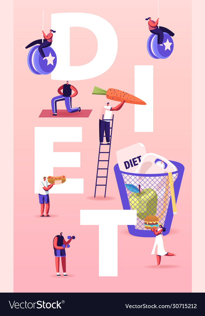 Diet concept tiny characters enjoying unhealthy vector image Diet concept tiny characters enjoying unhealthy