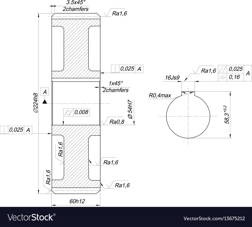 Expanded wheel sketch with chamfers and hatching Vector Image