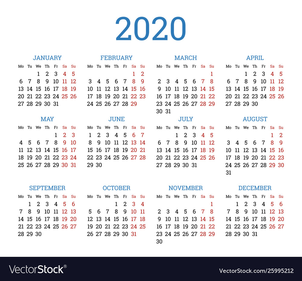 Simple traditional calendar layout for 2020 year