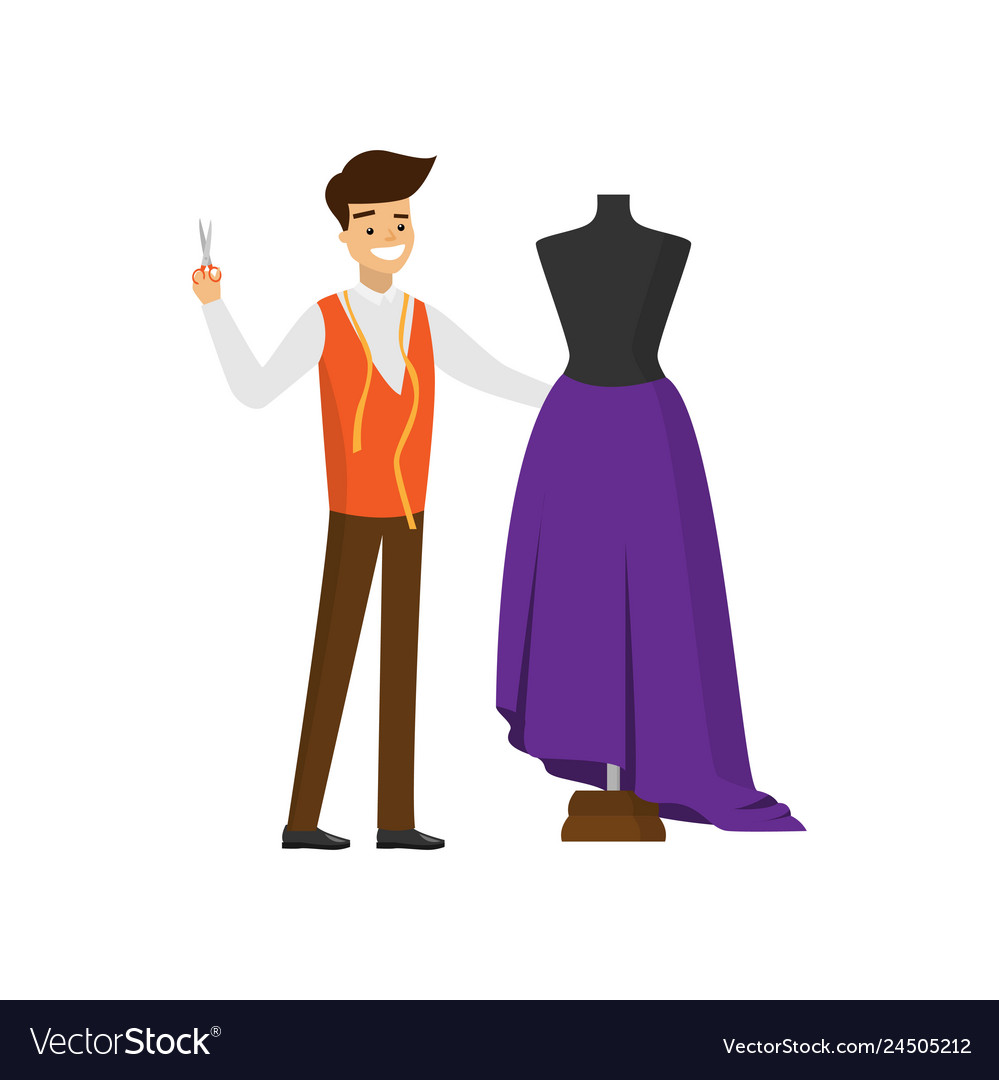 Smiling tailor with scissors in one hand standing vector image Smiling tailor with scissors in one hand standing