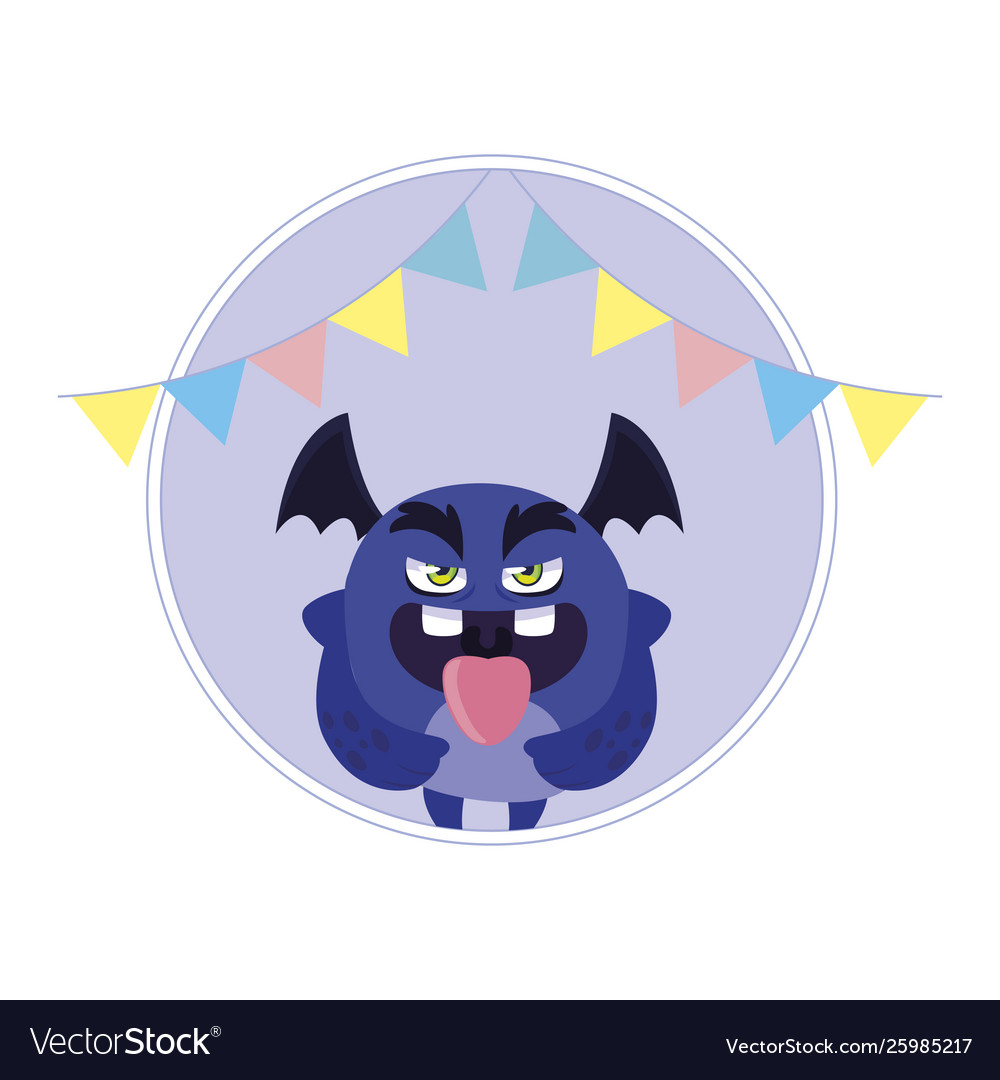 Funny monster flying with wings and party garlands
