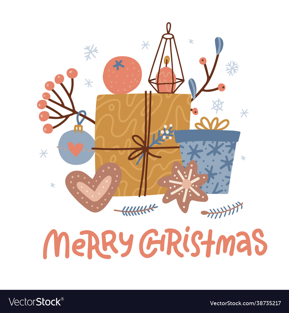 Handdrawn flat christmas greeting card design Vector Image