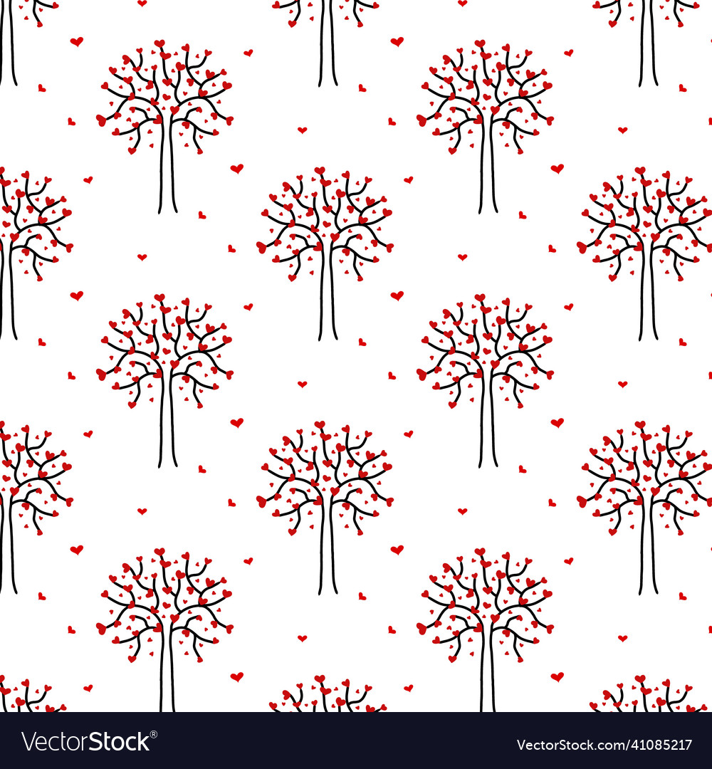 Seamless pattern with cute trees and hearts