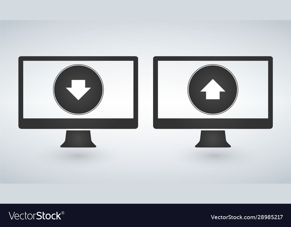 Two computers with download and upload buttons