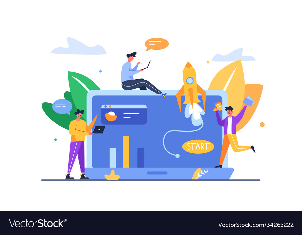 A team guys running project on laptop Royalty Free Vector