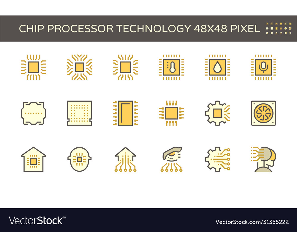 Computer chip processor and technology icon set vector image Computer chip processor and technology icon set