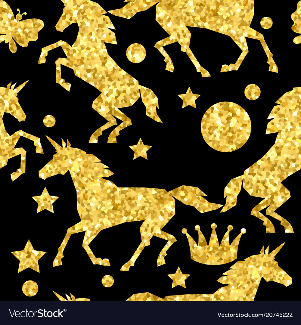 Seamless pattern with unicorns and gold glitter