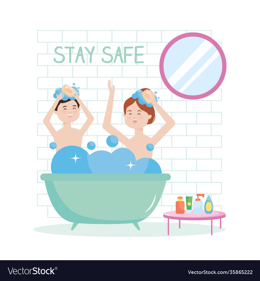 Stay safe happy couple bathing during covid19 19 Vector Image