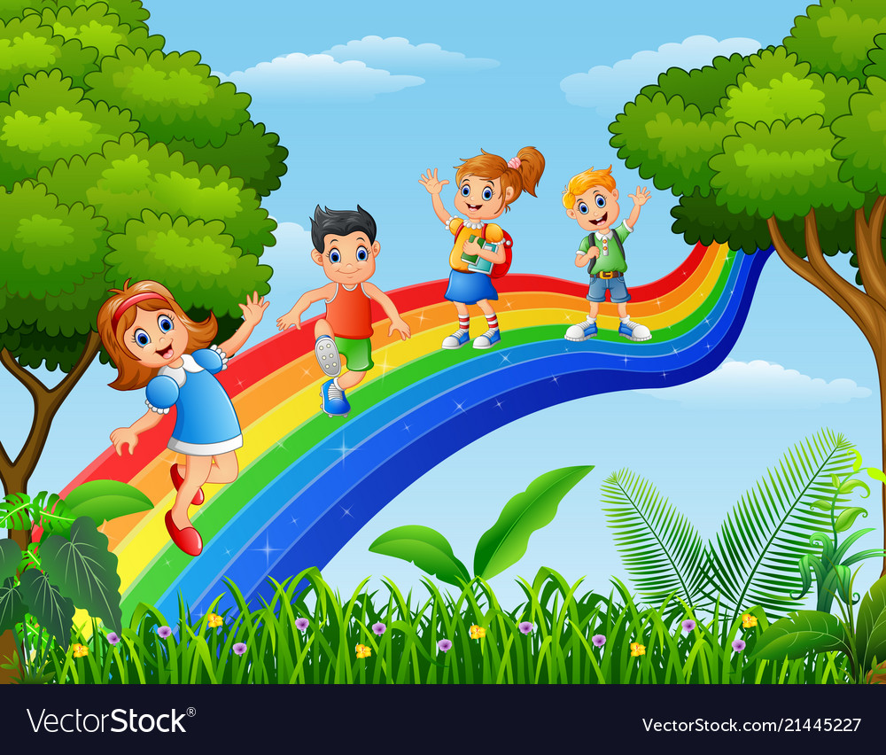 Happy kids standing over rainbow Royalty Free Vector Image