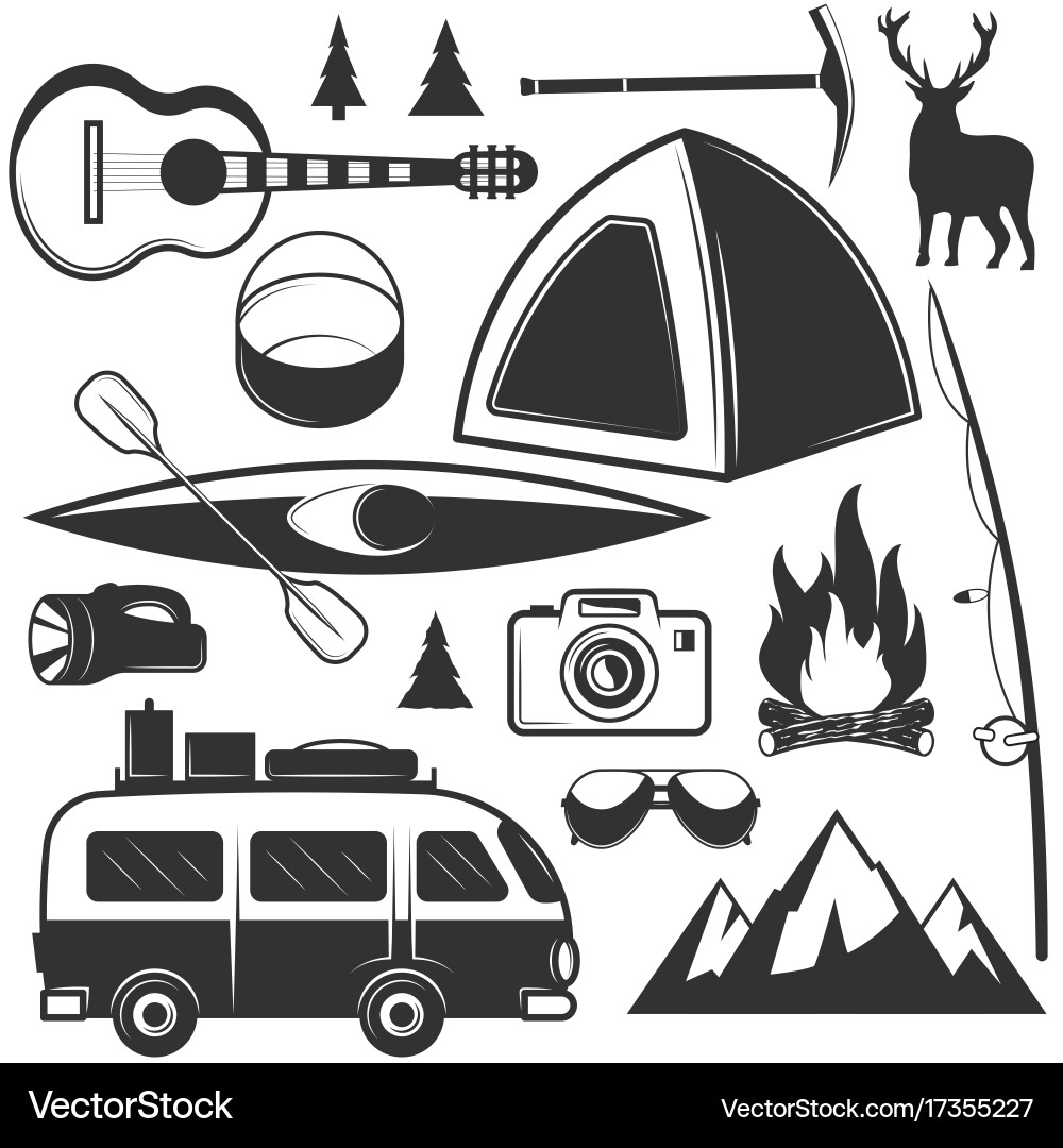 Set camping objects isolated on white Royalty Free Vector