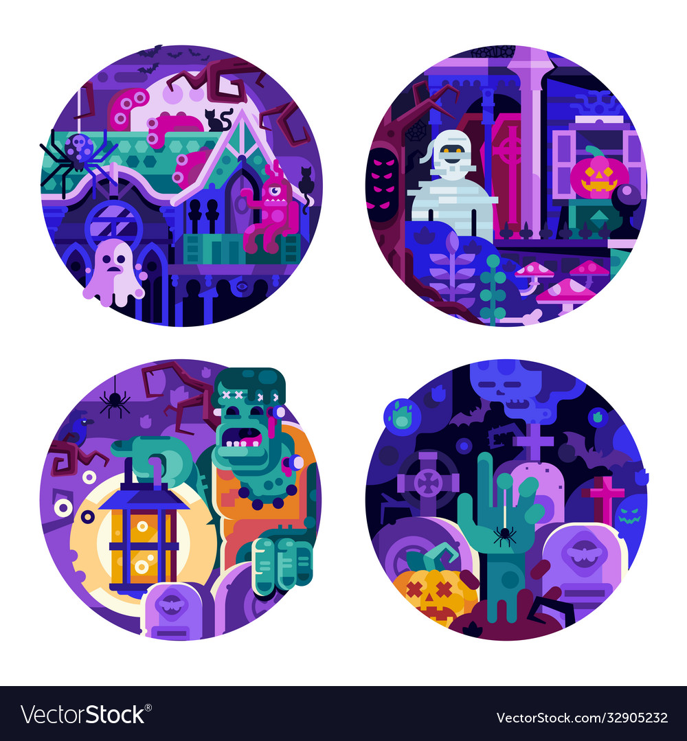 Halloween circle icons with monster creatures vector image Halloween circle icons with monster creatures