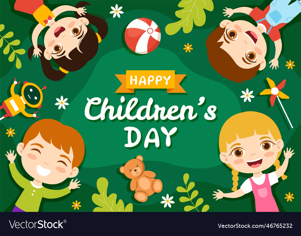 Happy children day with boy and girl kids in toys