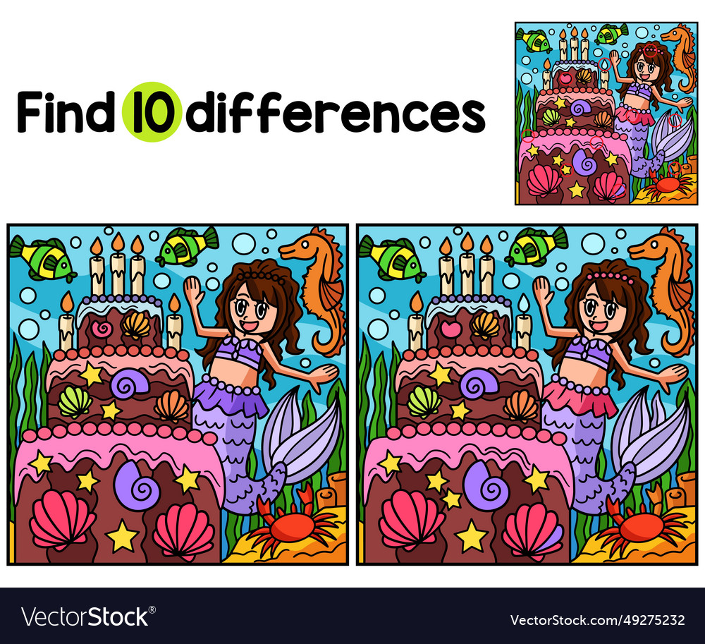 Mermaid and birthday cake find the differences Vector Image