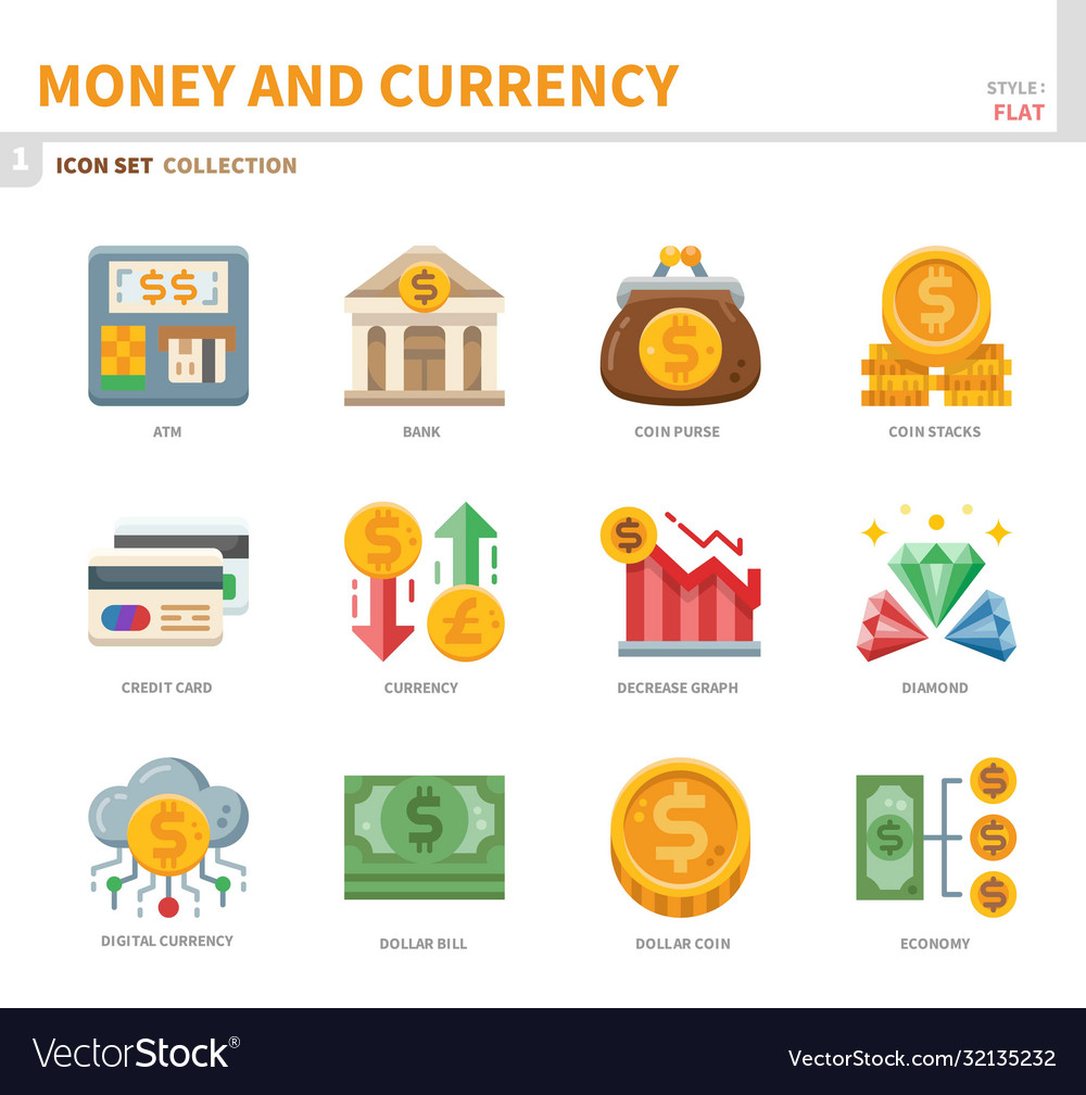 Money and currency icon set Royalty Free Vector Image