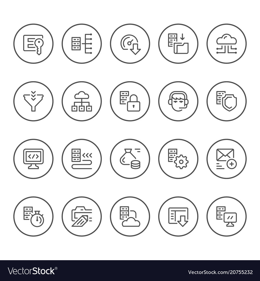 Set round line icons of hosting Royalty Free Vector Image
