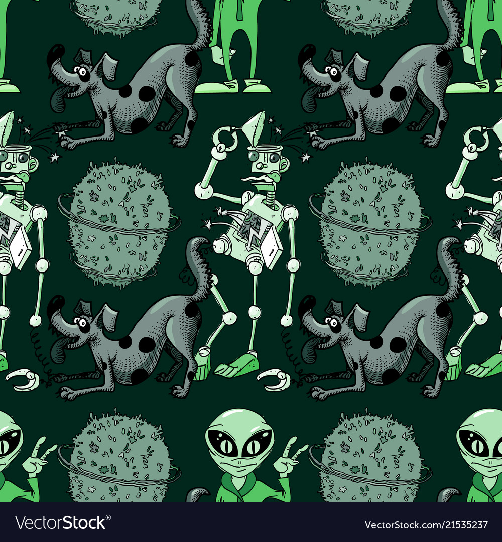 Broken robot funny dog alien seamless pattern