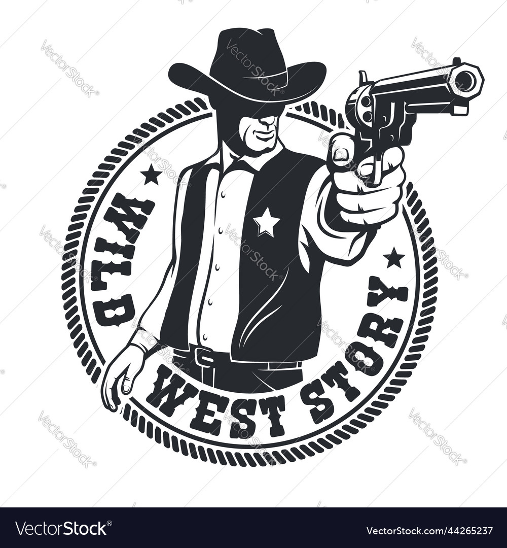 Western cowboy pointing a gun - retro badge Vector Image