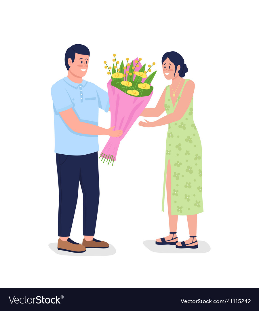 Caucasian giving happy woman flowers flat