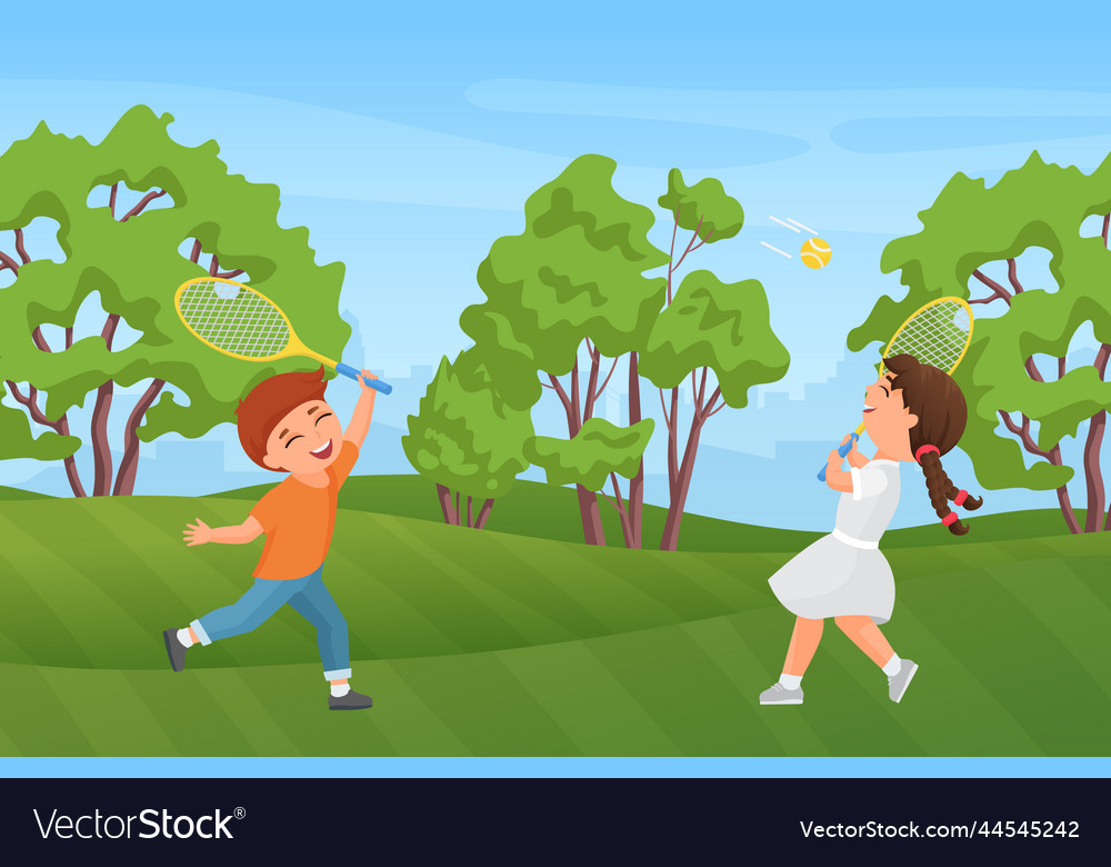 Happy children play badminton in summer park Vector Image