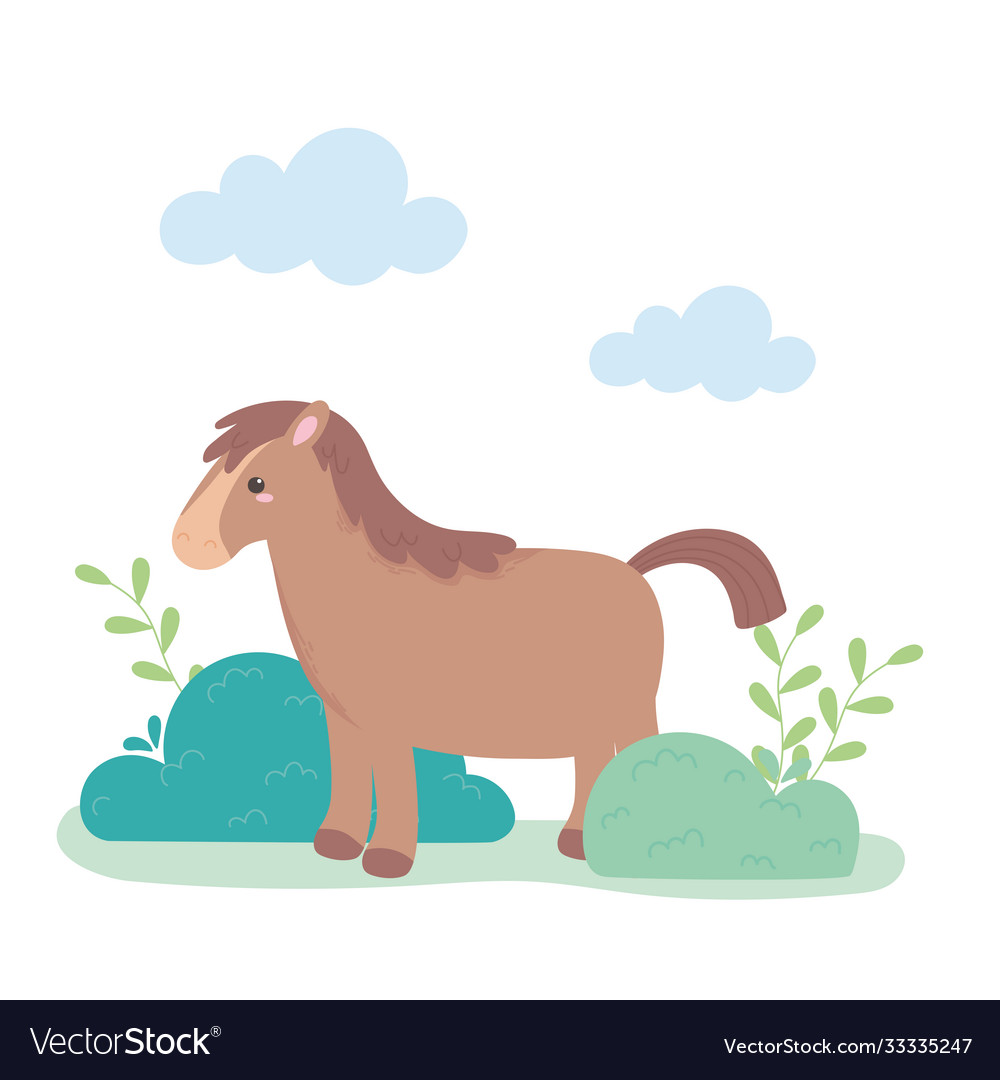 Cartoon horse animal standing grass bush Vector Image