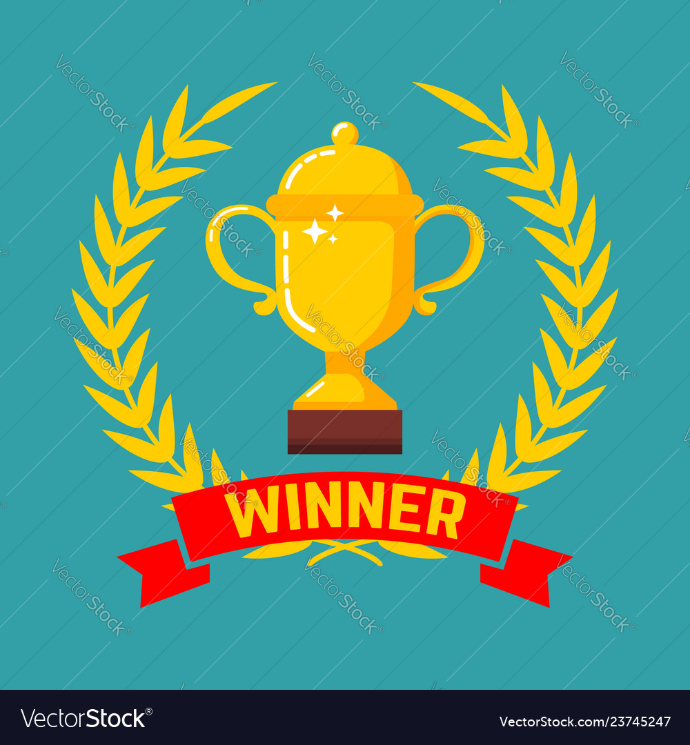 Winner gold cup icon with wreath in flat style Vector Image