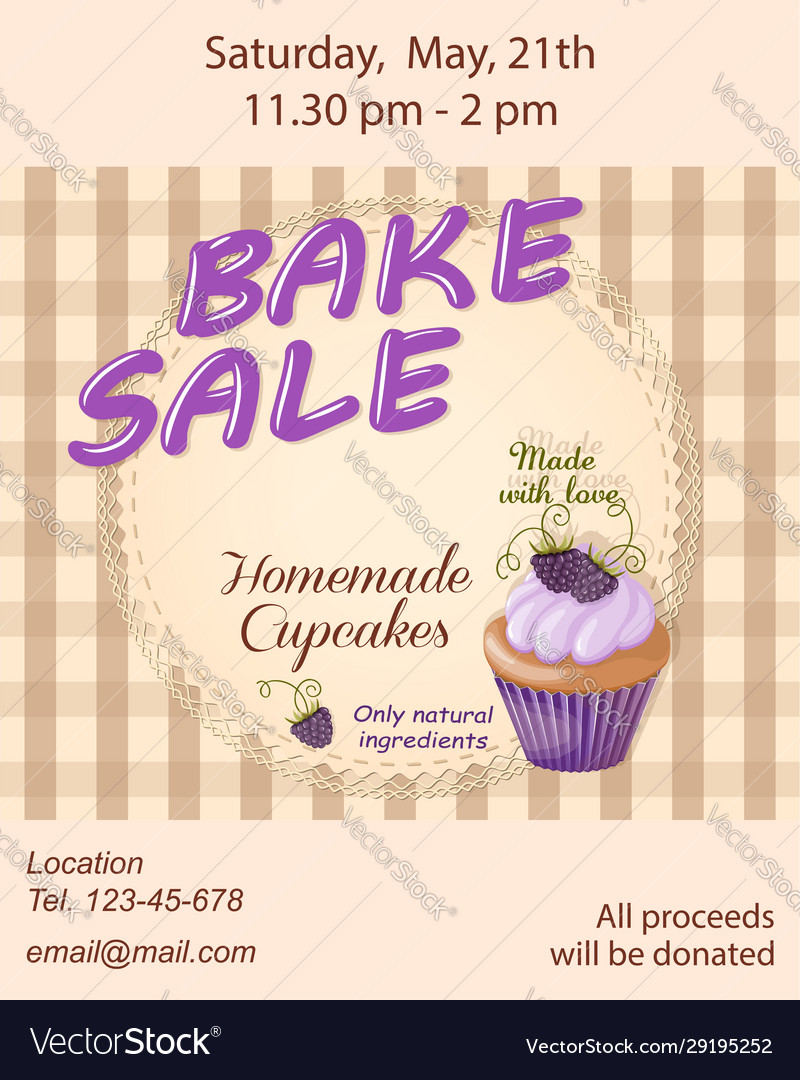 Bake sale promotion flyer with violet cupcake Vector Image In Bake Sale Flyer Free Template