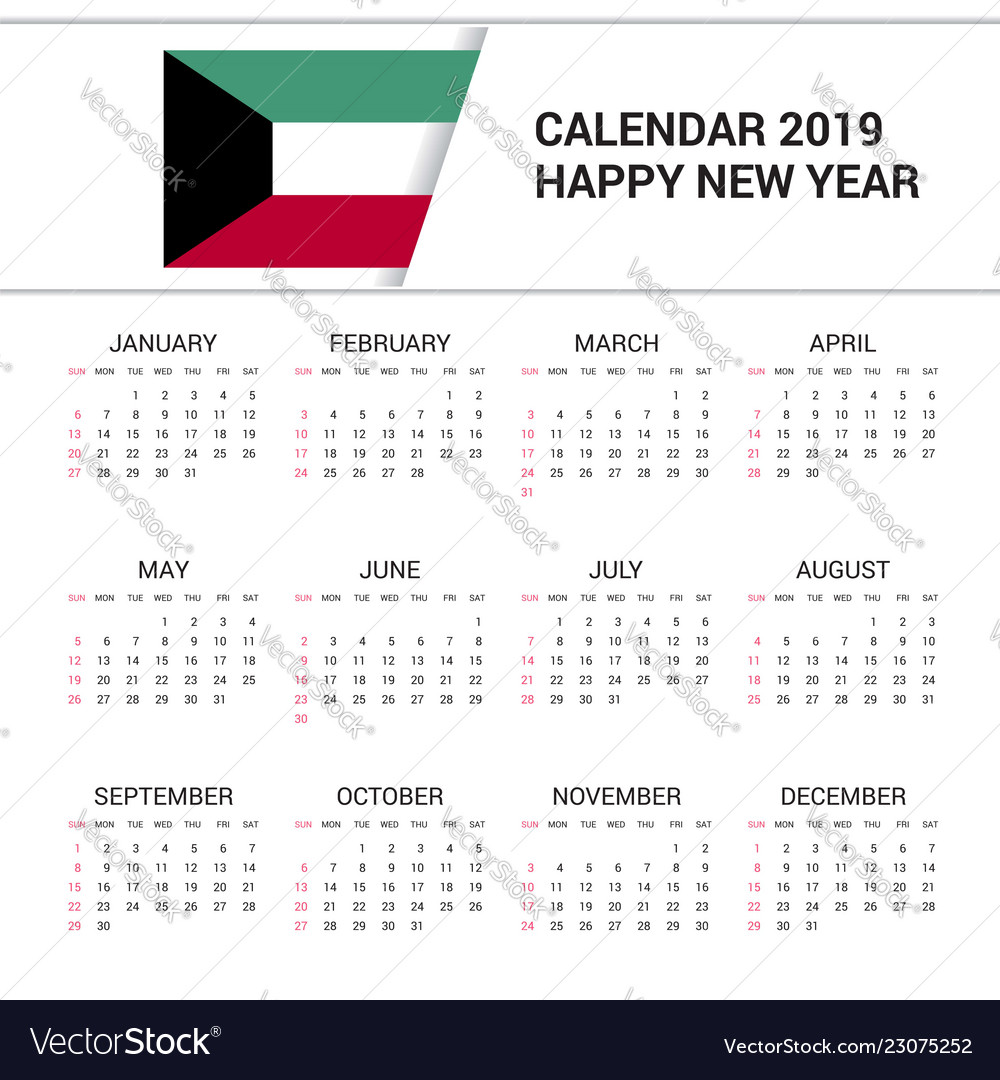 Calendar 2019 kuwait flag background english