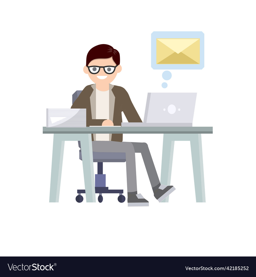 Young man sit at table with computer vector image Young man sit at table with computer