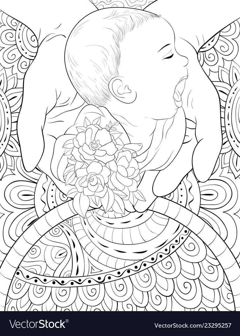 Adult coloring bookpage a cute baby in the hands Vector Image