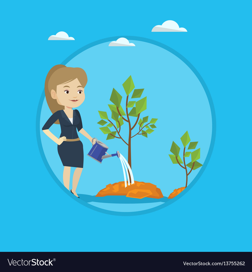 Business woman watering trees Royalty Free Vector Image