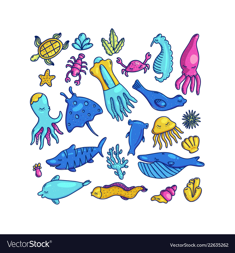 Colorful set of cartoon marine animals