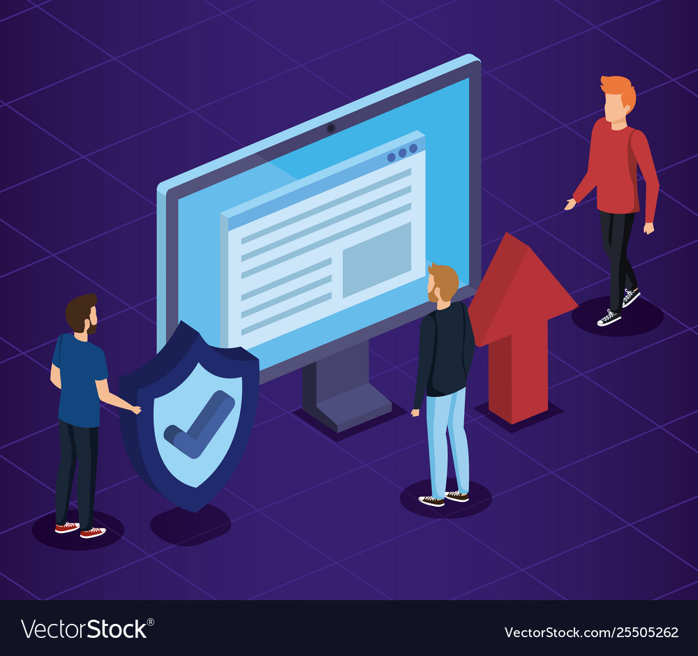 Men with computer technology and digital document vector image Men with computer technology and digital document