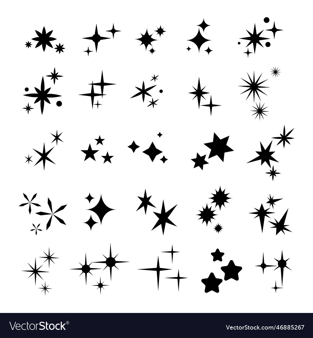 Collection of stars sparkling twinkling black