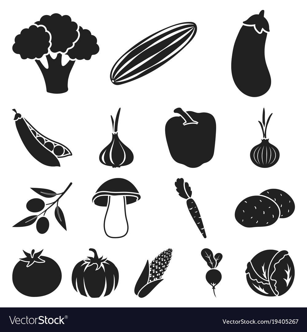 Different kinds of vegetables black icons in set