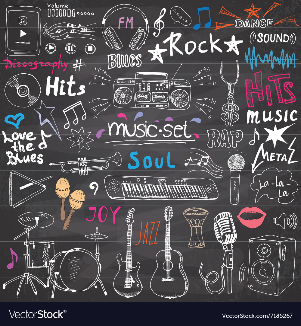 Music items doodle icons set hand drawn sketch