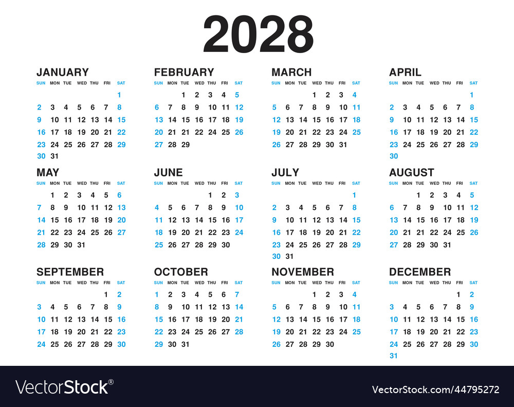 Calendar 2028 template simple minimal design Vector Image