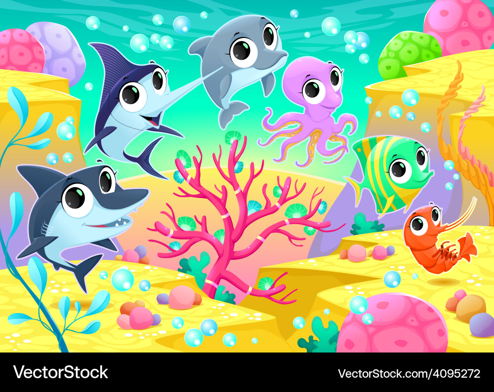 Funny marine animals under sea Royalty Free Vector Image