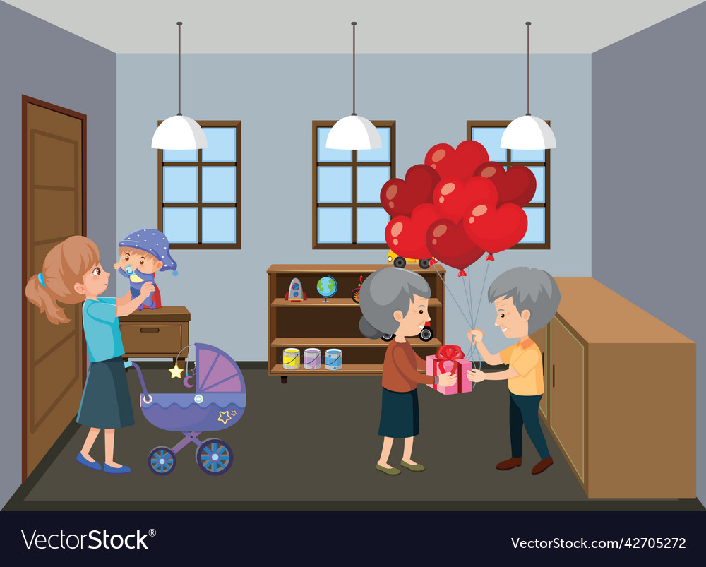 Living room scene with family members in cartoon