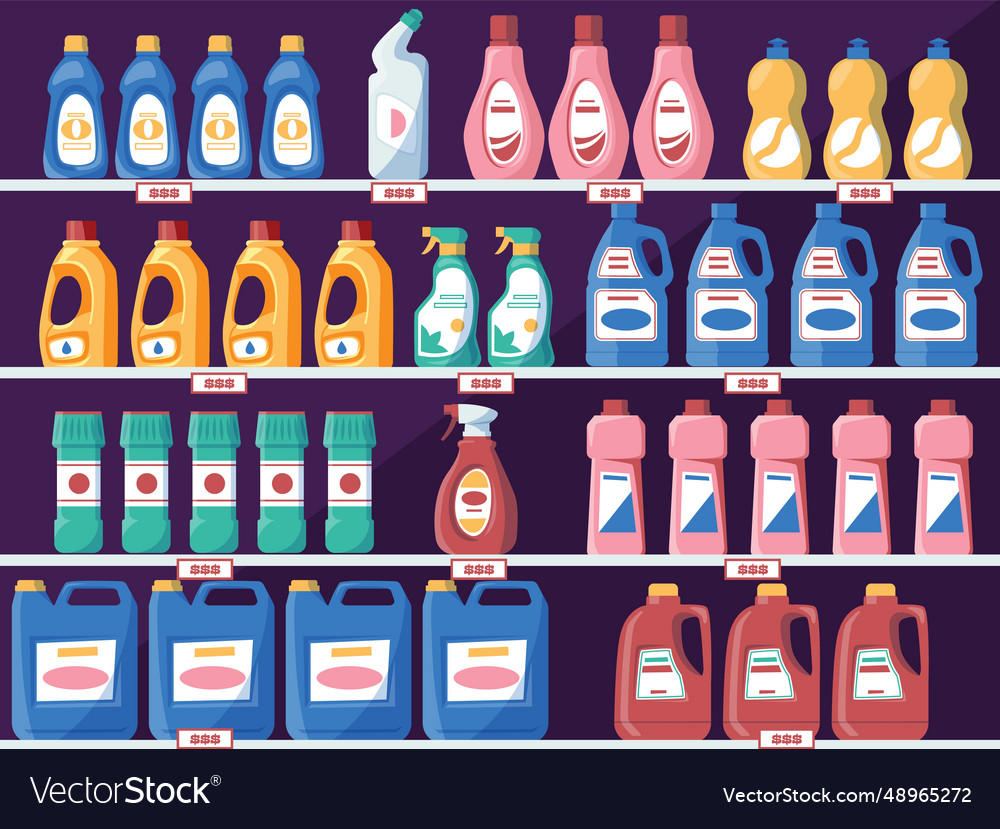 Shelves with detergent bottles grocery store Vector Image