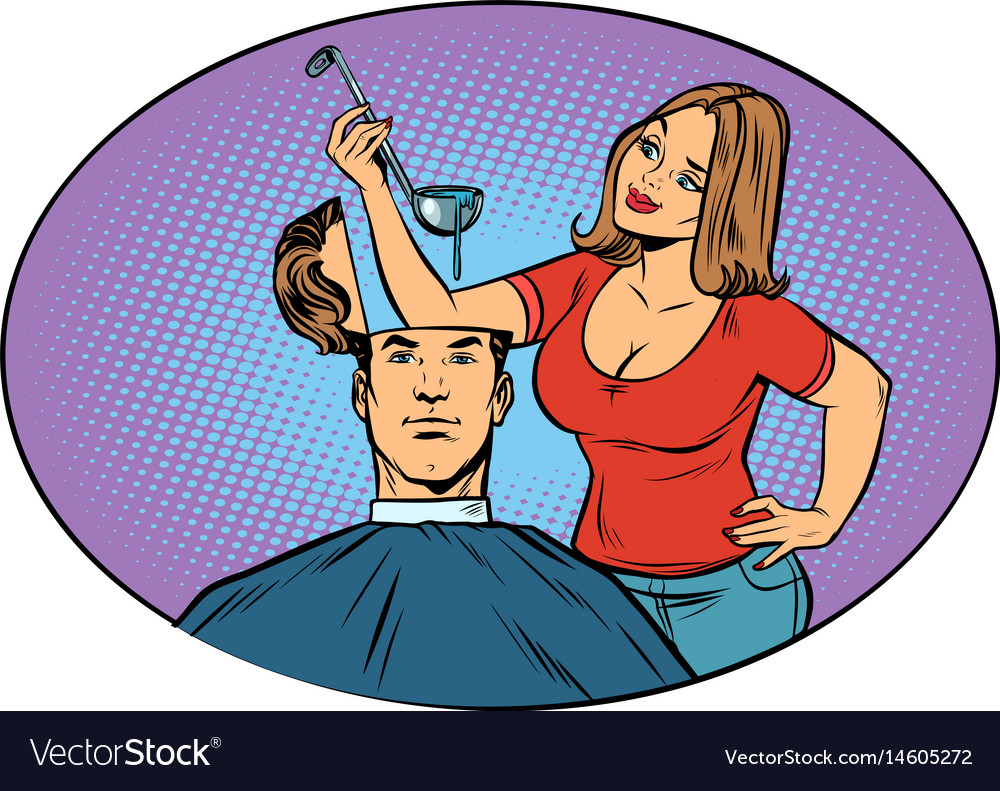 Wife husband prepares soup in his head