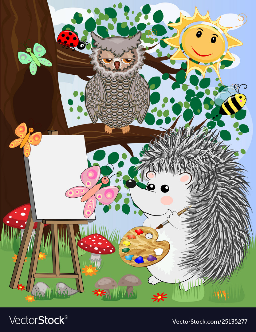 A hedgehog artist in love draws on an easel