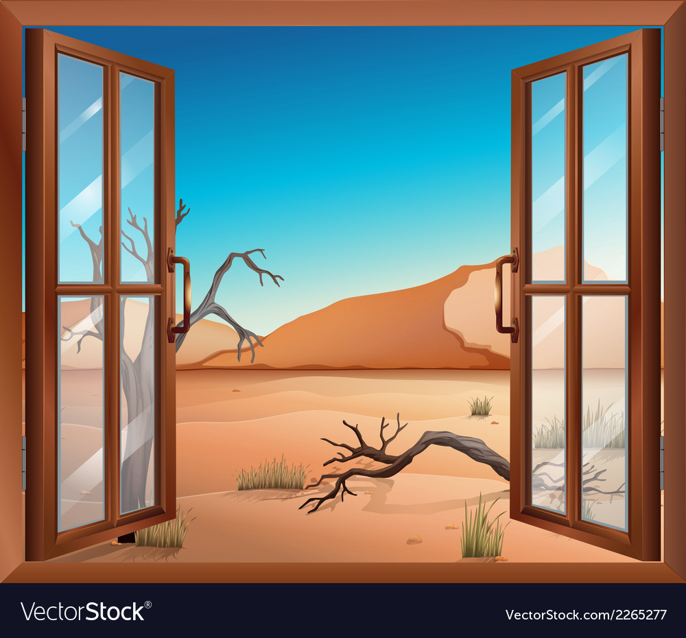 An open window with a view of the desert