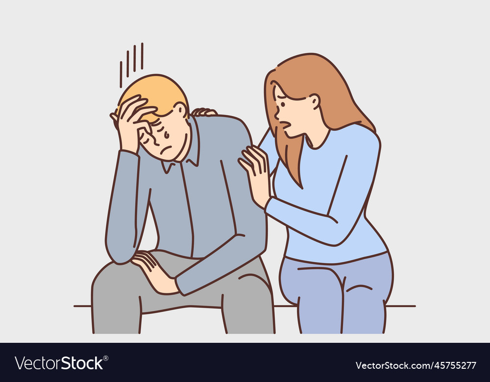 Caring girl comforts crying boyfriend who is upset vector image Caring girl comforts crying boyfriend who is upset