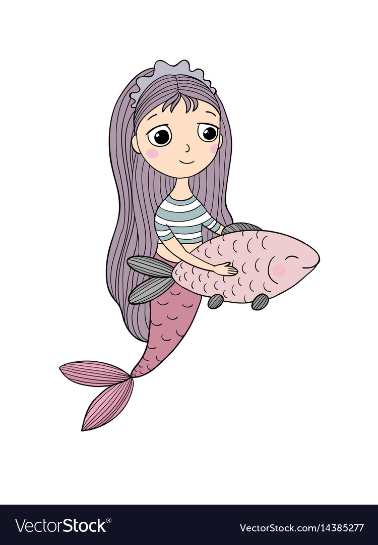 Cute cartoon mermaid and fish siren sea theme