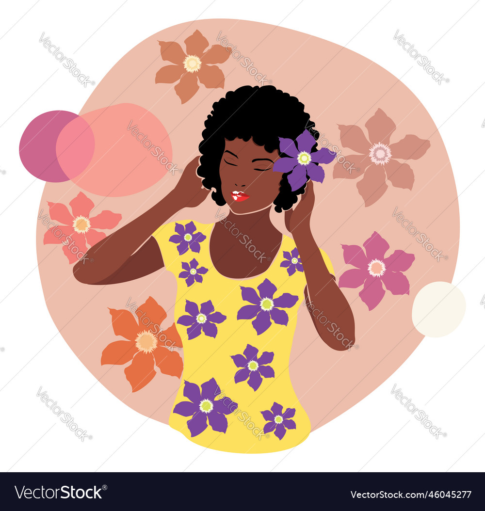 Dark skinned girl with clematis