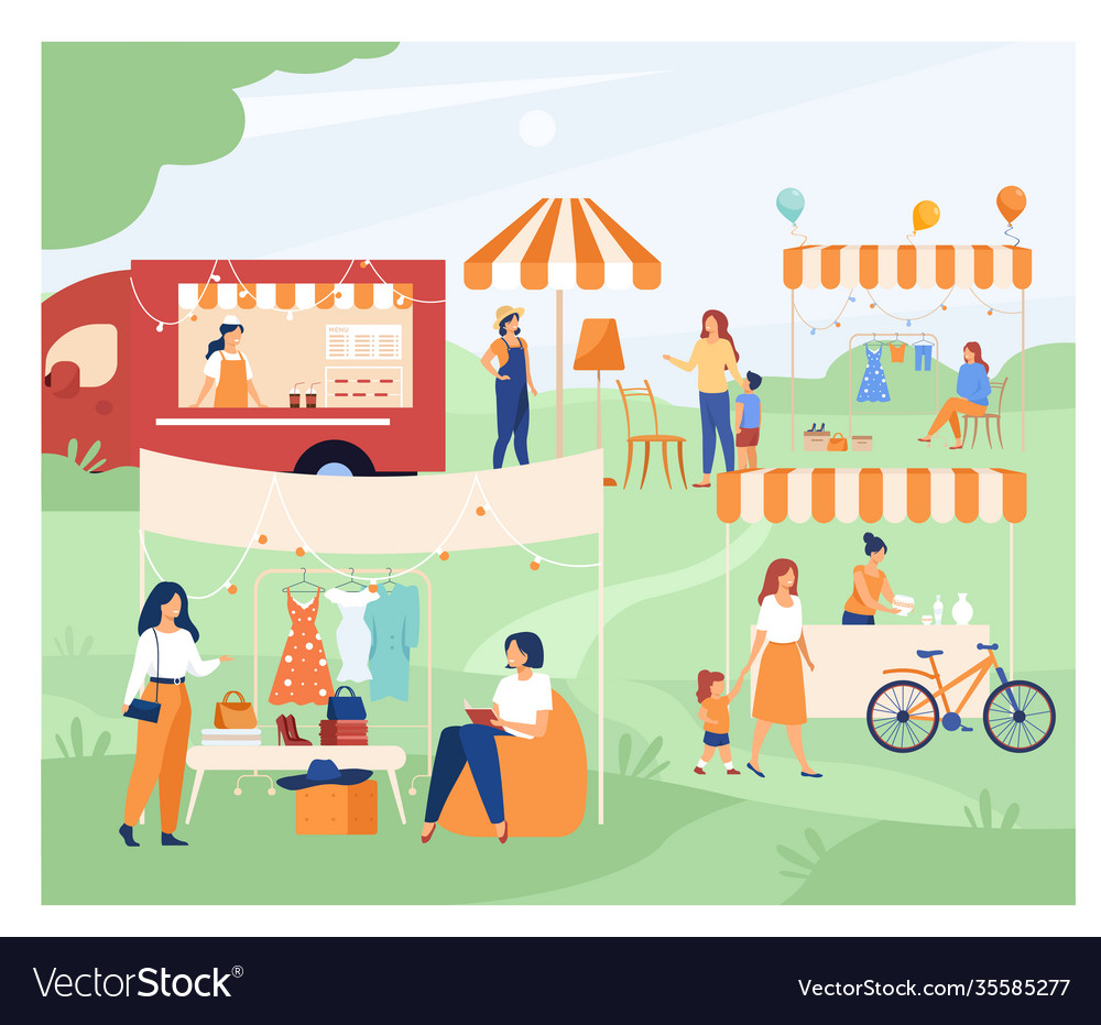 Happy people at street season flea market Vector Image