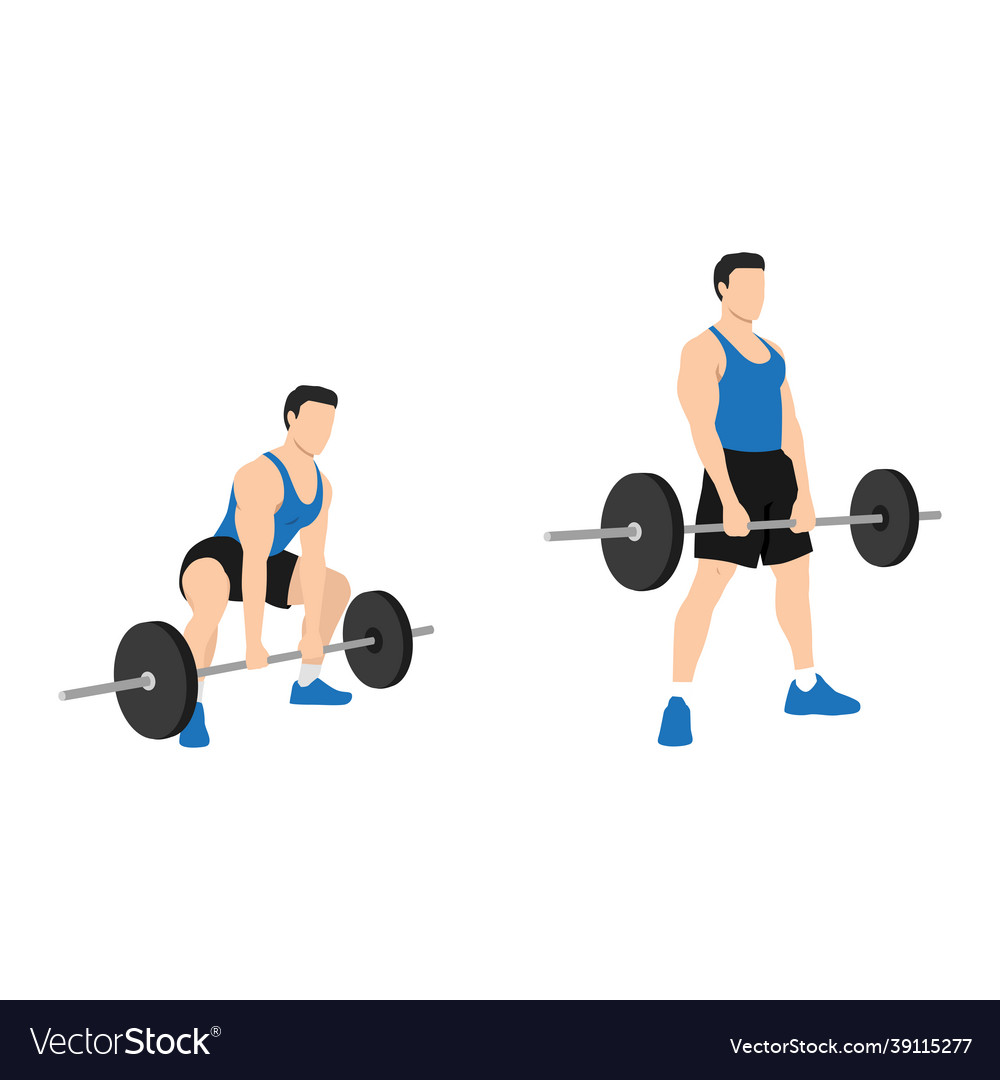 Man doing Sumo Barbell deadlifts exercise. Flat vector