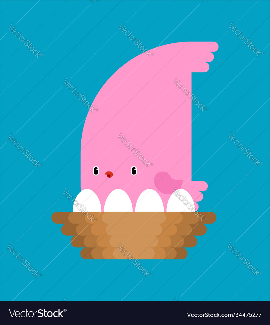 Pink bird and eggs in nest cartoon isolated